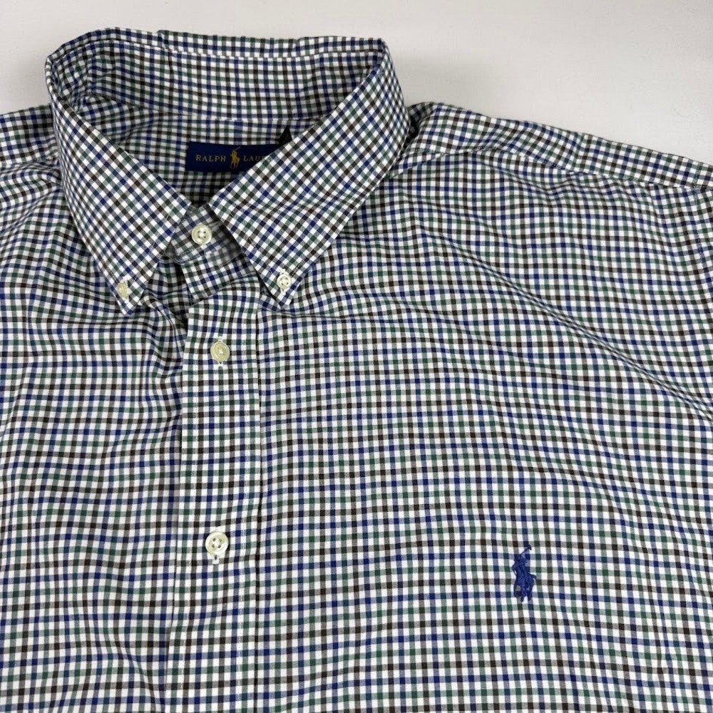 Ralph Lauren Mens 3XLT Gingham Check Button Down Shirt Blue Green Pony Preppy
